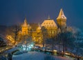 Budapest, Hungary - Christmas market in snowy City Park Varosliget from above at night with Vajdahunyad castle Royalty Free Stock Photo
