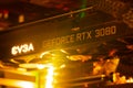 BUDAPEST, HUNGARY - CIRCA 2021: EVGA gForce RTX 3080 graphics card, which features Ampere architecture and raytracing technology Royalty Free Stock Photo