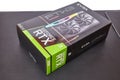 EVGA Geforce RTX 3090 Nvidia GPU box on a desk Royalty Free Stock Photo