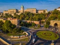 Budapest, Hungary - Clark Adam square roundabout from above at sunrise with Buda Castle Royal Palace Royalty Free Stock Photo