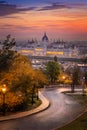 Budapest, Hungary - Curved road at Buda district with Parliament