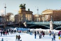 Budapest, Hungary - December 29, 2018: People having fun on ice rink