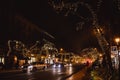 BUDAPEST, HUNGARY - DECEMBER 19, 2018: Traffic trails, street lights and traffic lights at night in Budapest, Hungary Royalty Free Stock Photo