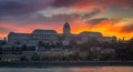 Budapest, Hungary - Dramatic sunset and colorful sky and clouds over the famous Buda Castle Royalty Free Stock Photo