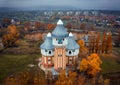 Budapest, Hungary - Drone view of the old, unused tar-towers of the Obuda Gas factory, taken from above on a foggy autumn day Royalty Free Stock Photo