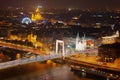 Budapest, Hungary,the Eleazabetina bridge, the church of St. Stephan and the Ferris Wheel, Danube river - night picture