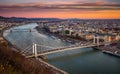 Budapest, Hungary - Elisabeth Bridge Erzsebet hid and Szechenyi Chain Bridge on a beautiful autumn morning