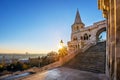 Budapest, Hungary - Entrance steps and the south tower of the Fisherman`s Bastion Halaszbastya at sunrise Royalty Free Stock Photo