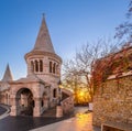 Budapest, Hungary - Entrance tower of the Fisherman`s Bastion Halaszbastya at sunrise Royalty Free Stock Photo