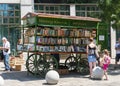 Budapest, Hungary/Europe; 03/07/2019: Mobile book cart in Budapest. Traditional antique bookstore in the center of the city.