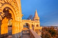 Budapest, Hungary - Famous Fisherman`s Bastion in golden shine at sunrise taken from a balcony Royalty Free Stock Photo