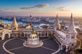 Budapest, Hungary - The famous Fisherman`s Bastion at sunrise with statue of King Stephen I and Parliament of Hungary Royalty Free Stock Photo