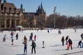 Budapest, Hungary - 20/02/2018: famous ice skating rink with people. Frozen lake with skaters. Winter activity and fun concept.