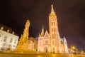 Night view of the Matthias Church and Statue of Holy Trinity, Budapest, Hungary. Royalty Free Stock Photo