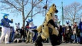 BUDAPEST, HUNGARY - FEBRUARY 01, 2020: People dressed as in an animal costume called as furry dancing on the streets of Budapest d