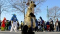 BUDAPEST, HUNGARY - FEBRUARY 01, 2020: People dressed as in an animal costume called as furry dancing on the streets of Budapest d
