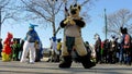 BUDAPEST, HUNGARY - FEBRUARY 01, 2020: People dressed as in an animal costume called as furry dancing on the streets of Budapest d