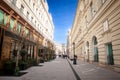 Panorama of Kigyo utca street, a typical pedestrian street of Budapest city center  in the most touristic part of the city. Royalty Free Stock Photo