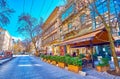 The scenic outdoor terrace of the restaurant on Nagymezo street, on February 23 in Budapest, Hungary Royalty Free Stock Photo