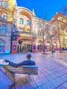 The view on great facade of Operetta Theater and the sculpture to Imre Kalman of forefround, on February 23 in Budapest, Hungary