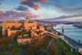 Budapest, Hungary - Golden sunrise at Buda Castle Royal Palace with Szechenyi Chain Bridge, Parliament Royalty Free Stock Photo