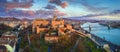 Budapest, Hungary - Golden sunrise at Buda Castle Royal Palace with Szechenyi Chain Bridge, Parliament