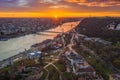 Budapest, Hungary - Golden sunrise over Budapest, with Elisabeth Bridge, Liberty Bridge and Statue of Liberty Royalty Free Stock Photo