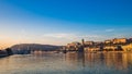 Budapest, Hungary - Golden sunrise over the River Danube with Szechenyi Chain Bridge, Buda Castle Royal Palace Royalty Free Stock Photo