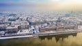 Budapest, Hungary - Golden sunrise over Budapest with snowy rooftops, Parliament of Hungary and St. Stephen`s Basilica Royalty Free Stock Photo