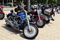 Budapest. Harley Davidson motorcycle convention. large blue and red bikes. June 20