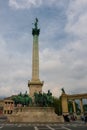 Budapest, Hungary. Heroes` Square, Hosok Tere or Millennium Monument, major attraction of city, with 36 m high Corinthian column