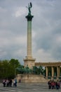 Budapest, Hungary. Heroes` Square, Hosok Tere or Millennium Monument, major attraction of city, with 36 m high Corinthian column