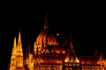 Budapest Hungary, 05.29.2019 Hungarian Parliament Building. night Budapest, glowing in gold. facade and roof of an old building