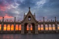 Budapest, Hungary - The Hungarian Parliament through the Fisherman`s Bastion`s arch windows Royalty Free Stock Photo