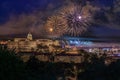 Budapest, Hungary - Illuminated Buda Castle Royal Palace with the 20th of August 2019 State Foundation Day fireworks by night Royalty Free Stock Photo