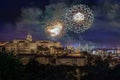Budapest, Hungary - Illuminated Buda Castle Royal Palace with the 20th of August 2019 State Foundation Day fireworks by night Royalty Free Stock Photo