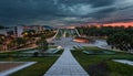 Budapest, Hungary - Illuminated rooftop garden of the Museum of Ethnography at City Park with dark clouds and colorful sky