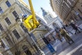 BUDAPEST, HUNGARY - JANUARY, 2017: Worker replacing old bulbs in the lantern street lighting with new ones. Royalty Free Stock Photo