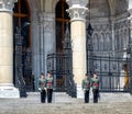BUDAPEST, HUNGARY - JULY 27, 2017 : Hungarian guards standing on duty at the Hungarian parliament.