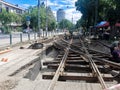 A team of transport infrastructure workers carry out a major overhaul of a tram line in Budapest