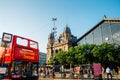 Budapest-Nyugati railway station square and city sightseeing bus in Budapest, Hungary Royalty Free Stock Photo