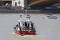 Budapest, Hungary Ã¢â¬â June 11, 2019; Fireboat assure the area of the raising action of the sunken Hableany tour ship
