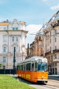 Old town street and yellow tram in Budapest, Hungary Royalty Free Stock Photo