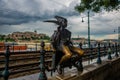 BUDAPEST, HUNGARY: The little princess Jester statue is perched by the tram rails on the Pest, Buda Castle by Danube riverbank in