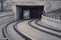 Budapest, Hungary - Local tram coming out of the tunnel