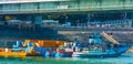 Budapest, Hungary ,mai 15, 2019 Aerial panoramic view of the Budapest , Europa Ship, a part boat on the Danube in a beautiful