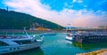 Budapest, Hungary ,mai 15, 2019 Cruise boat on the Danube River. Scenic evening cityscape view on Buda Castle, Danube embankment