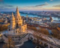 Budapest, Hungary - The main tower of the famous Fisherman`s Bastion Halaszbastya from above