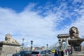 BUDAPEST, HUNGARY - MARCH 12, 2018: Lion statue on the Chain Bridge in Budapest Royalty Free Stock Photo