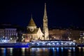 Budapest, Hungary - March 03, 2012. Night photo of Szilagyi Dezso Square Reformed Church on the shore of Donau